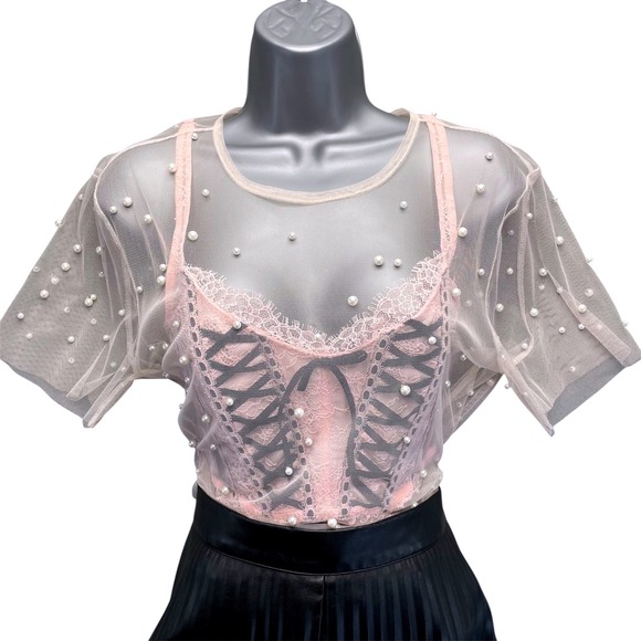Forever 21 Tops - Forever 21 Women Sheer Pearl Mesh Top Medium Coquette SoftGirl Fairycore Y2K